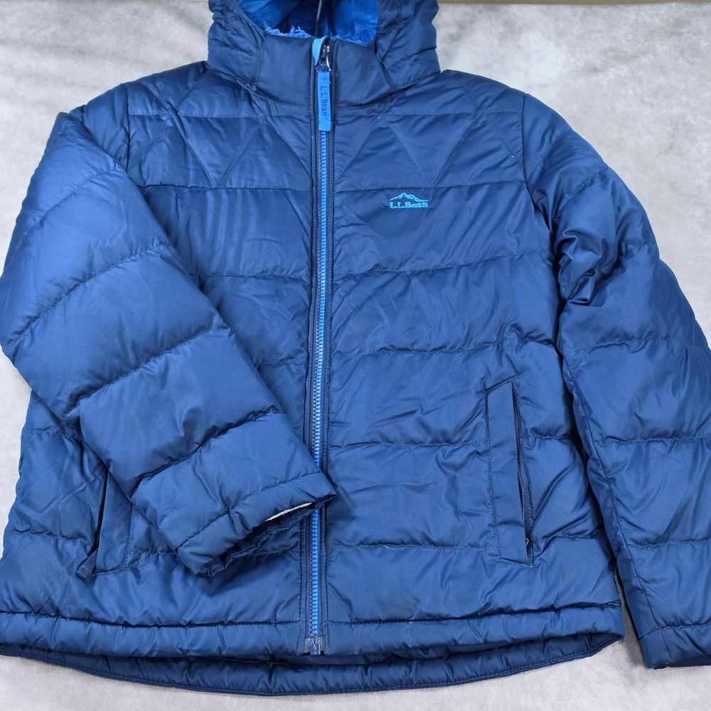 LL Bean Downtek Puffer Jacket Kids M 10-12 Blue Good Water Repellent Hooded Snow